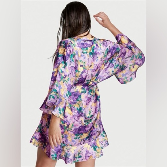 Victoria's Secret Other - Victoria’s Secret Floral Purple and Yellow Satin Flutter Robe